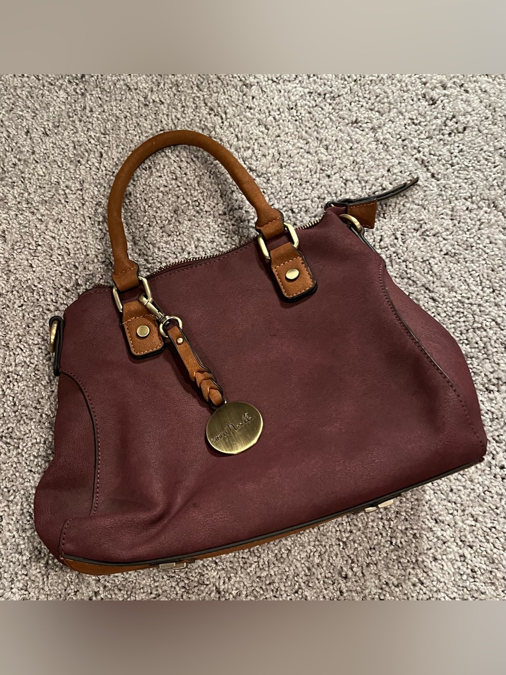 Simply Noelle Burgundy Satchel with Tan Trim and Brass Accent